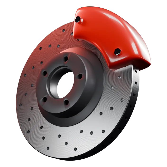 Drilled brake disc with a red caliper